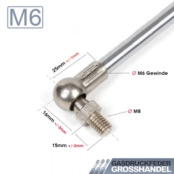 Winkelgelenk für Gasdruckfeder, M6 Gewinde, M8 Bolzen. Maße 25, 16 und 15 Millimeter. Gasdruckfeder Grosshandel Logo.