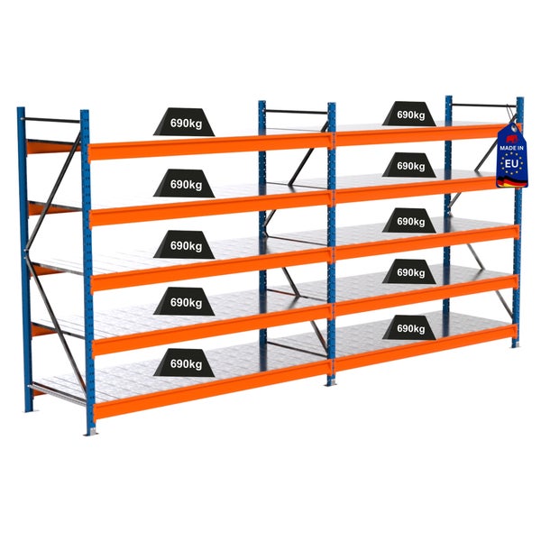 Regalsystem mit mehreren Ebenen und einer Traglast von 690 Kilogramm pro Ebene