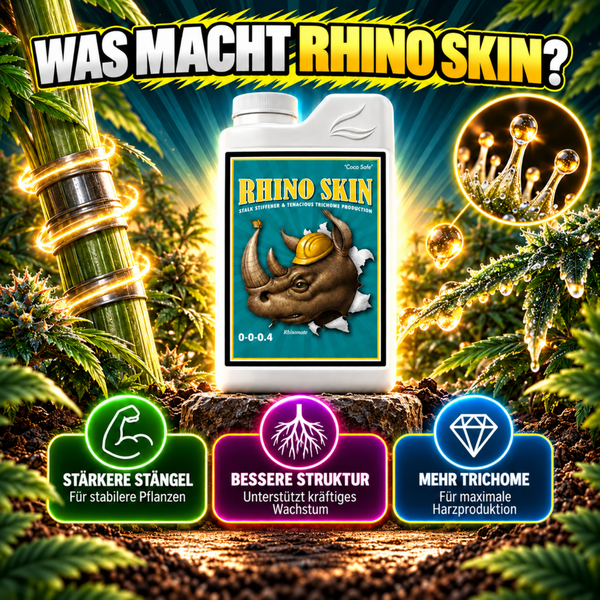 Rhino Skin Pflanzendünger für stabilere Stängel, bessere Struktur und mehr Trichome für kräftiges Wachstum und hohe Harzproduktion.