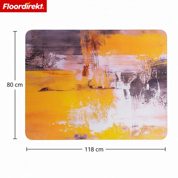 Floordirekt Bodenschutzmatte mit abstraktem Design in Gelb und Grau, 80 mal 118 Zentimeter. Floordirekt Logo.