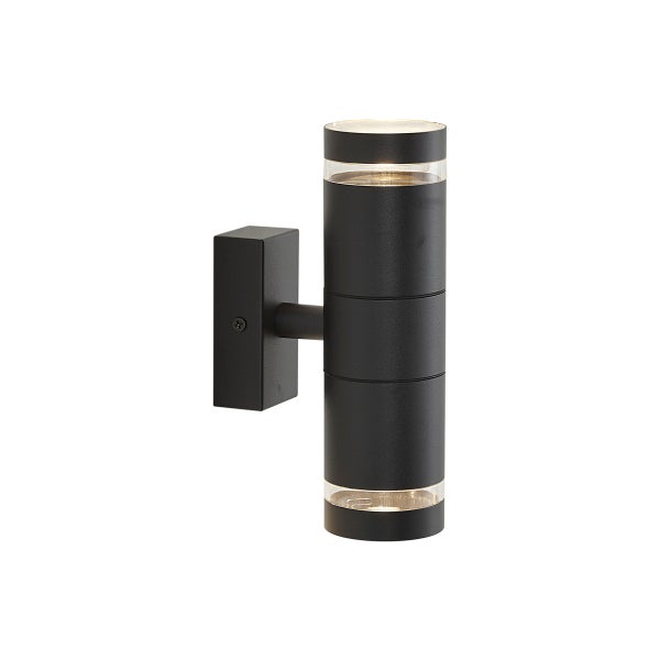 Zylindrische Außenwandleuchte in Schwarz mit Lichtaustritt nach oben und unten für die Fassade.