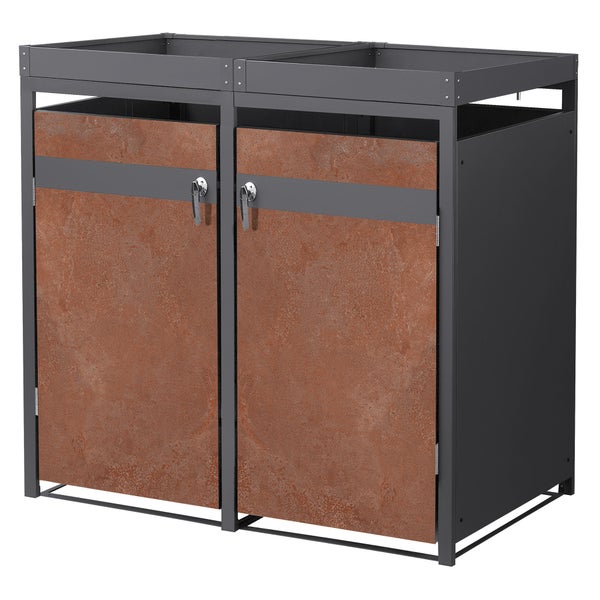 Zweifach-Mülltonnenbox aus Metall mit Türen in Rostoptik und integrierter Pflanzwanne.