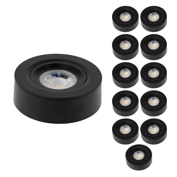 Set aus runden, schwarzen LED-Einbaustrahlern.
