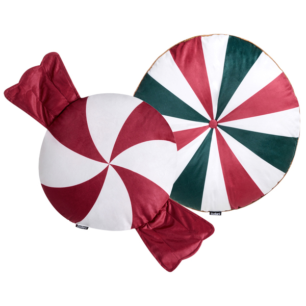 Zwei dekorative Bonbonkissen mit gestreiftem Muster