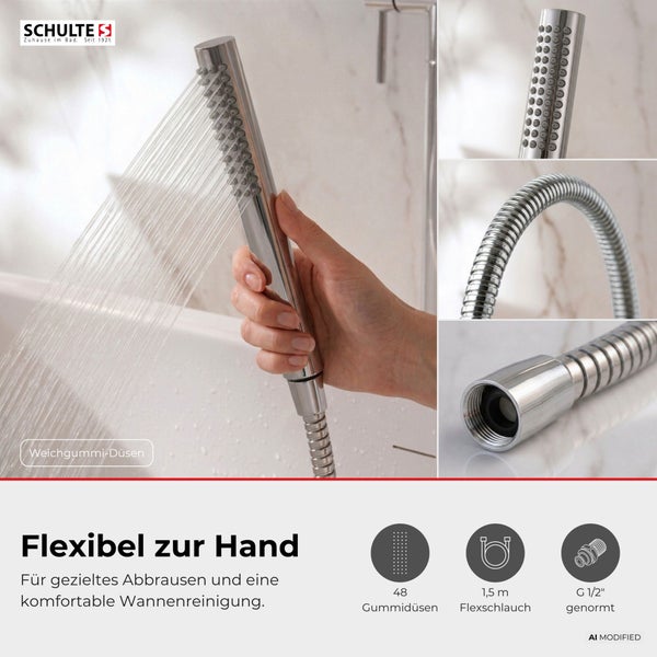 Schulte Handbrause mit Schlauch, 48 Antikalk Gummidusen, 1,5 Meter Brauseschlauch mit G 1/2 Zoll Anschluss, ideal für Wannenreinigung.