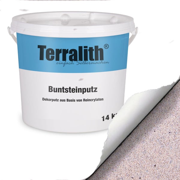 Terralith Buntsteinputz im Eimer, ein Dekorputz auf Basis von Reincrylaten.