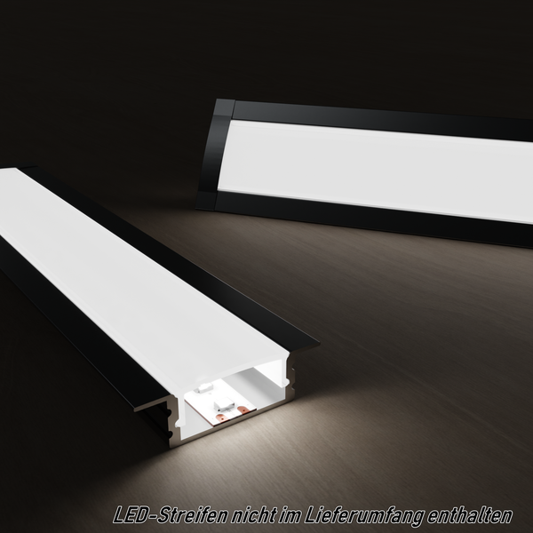 TIVENDIS Led Alu Profil 2 m EF Komplett Set für Strip / Streifen bis 12 mm breit | Abdeckung satiniert milchig, Endkappen |  Einbau Fußleisten Flachprofil eloxiert