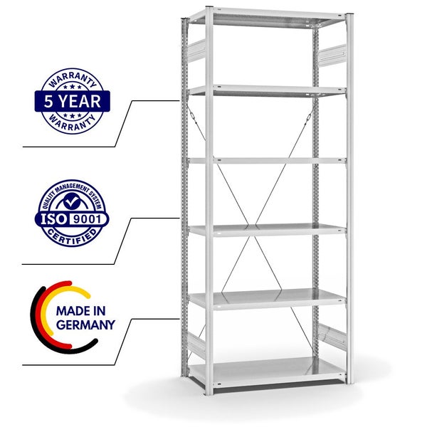 PROREGAL Fachbodenregal Stecksystem T-Profil Light-Duty Grundregal HxBxT 250 x 100 x 50 cm 6 Ebenen Fachlast 140 kg Einseitig Nutzbar Lichtgrau