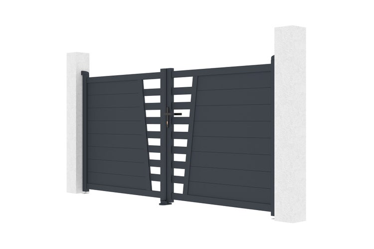 Modernes zweiflügeliges Einfahrtstor aus Aluminium in Anthrazit mit horizontalen Lamellen und einem Griff zwischen zwei weißen Pfeilern.