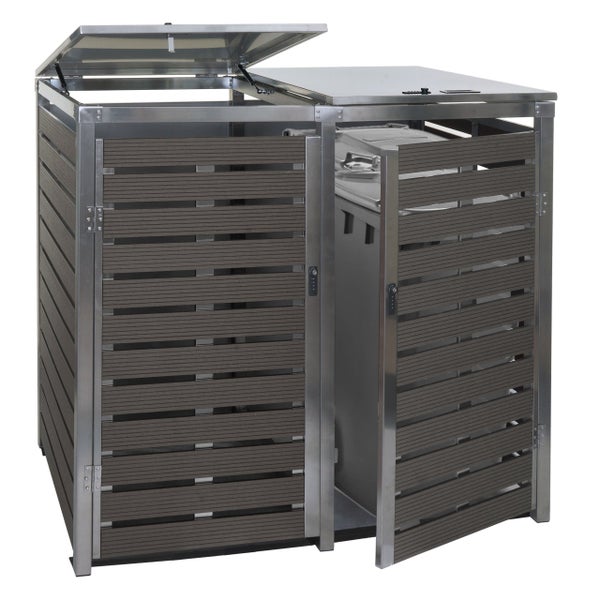 Mülltonnenbox für zwei Mülltonnen mit aufklappbarem Deckel und Tür