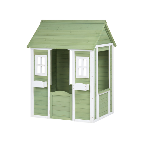 Kinderspielhaus aus Holz mit Satteldach, Fensterrahmen und niedriger Tür.