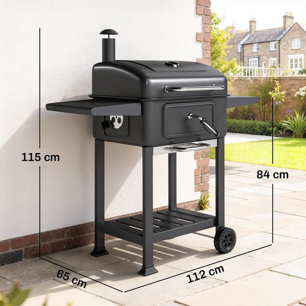 Holzkohlegrill mit Deckel, Kamin und Seitenablagen, Maße 115 Zentimeter hoch, 112 Zentimeter breit und 65 Zentimeter tief.