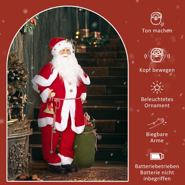 HOMCOM Weihnachtsmann 1,4 m stehende Weihnachtsmann mit Geschenk- und Weihnachtsglocken, Klassische Weihnachtsbaumdekoration mit Soundfunktion, Indoor, Rot