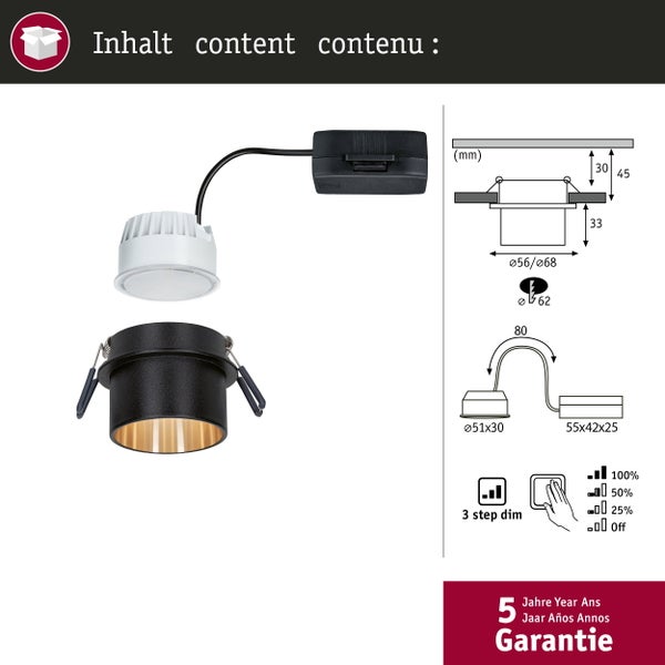Schwarzer LED Einbaustrahler mit Gold-Reflektor. Technische Zeichnung mit Maßen in Millimeter, dreistufiger Dimmfunktion und fünf Jahren Garantie.