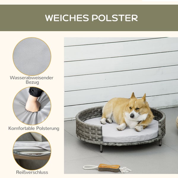 PawHut Hundesofa, 75L x 75B x 20H cm, Stahl, Oxfordstoff, PE-Rattan, Schaumstoff, Grau