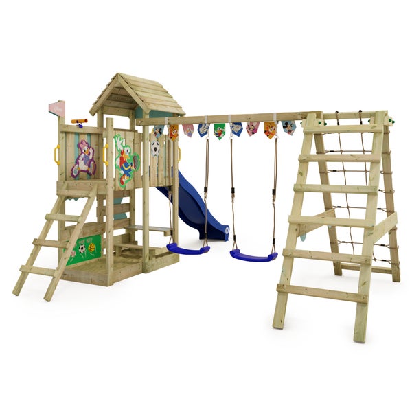 WICKEY Spielturm Disney Mickey Maus und Freunde Story mit Rutsche, Kletteranbau und Doppelschaukel