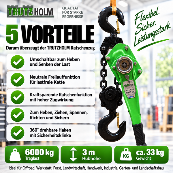 Trutzholm Ratschenzug mit 6000 Kilogramm Traglast und 3 Meter Hubhöhe für Heben Ziehen und Spannen im industriellen und handwerklichen Bereich.