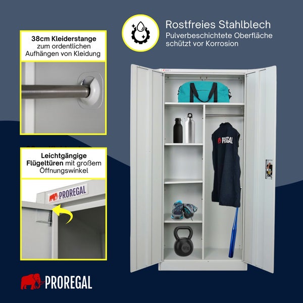 Offener PROREGAL Metallspind mit 38 Zentimeter Kleiderstange, Fachböden und leichtgängigen Flügeltüren. Aus pulverbeschichtetem Edelstahl.