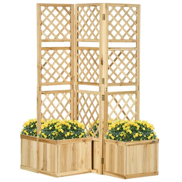 Outsunny Hochbeet mit Klappbarem Spalier, Pflanzkasten mit Sichtschutz, 133 x 165 cm Raumteiler mit 4 Blumenkasten, Raumtrenner für Balkon, Tannenholz, Natur