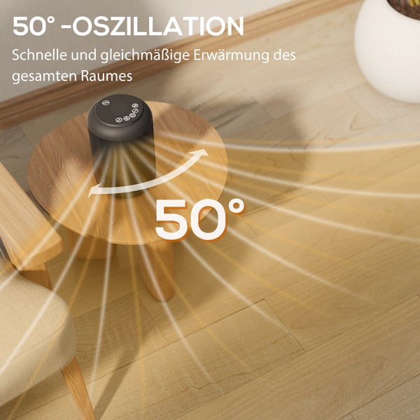 Raum mit Heizlüfter auf einem Tisch, 50 Grad Oszillation.