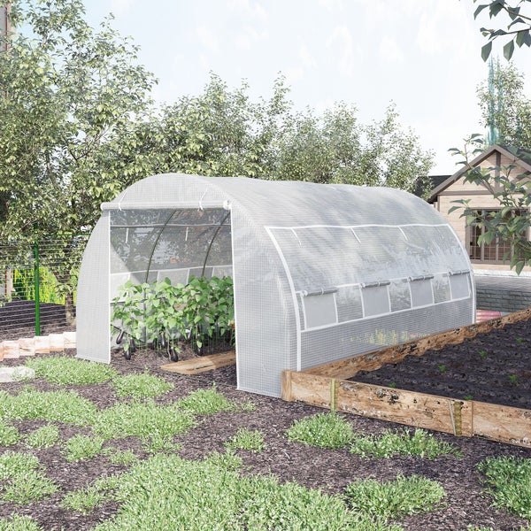 Outsunny Foliengewächshaus Polytunnel 4 x 3 x 2 m begehbares Gewächshaus mit aufrollbar Abdeckungen Folientunnel Treibhaus UV-Schutz Stahlrohr Weiß