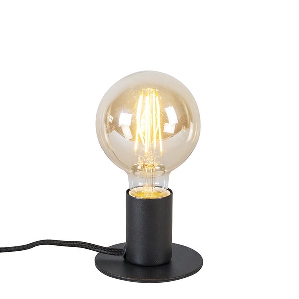 Schwarze Tischleuchte mit rundem Sockel und eingeschalteter LED Filament Globelampe.