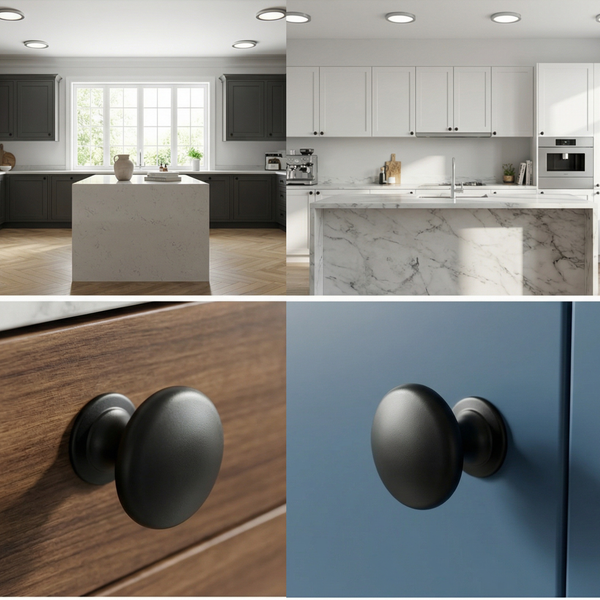 Zwei Küchen in hellem, modernem Design und eine Nahaufnahme von einem runden Möbelknopf