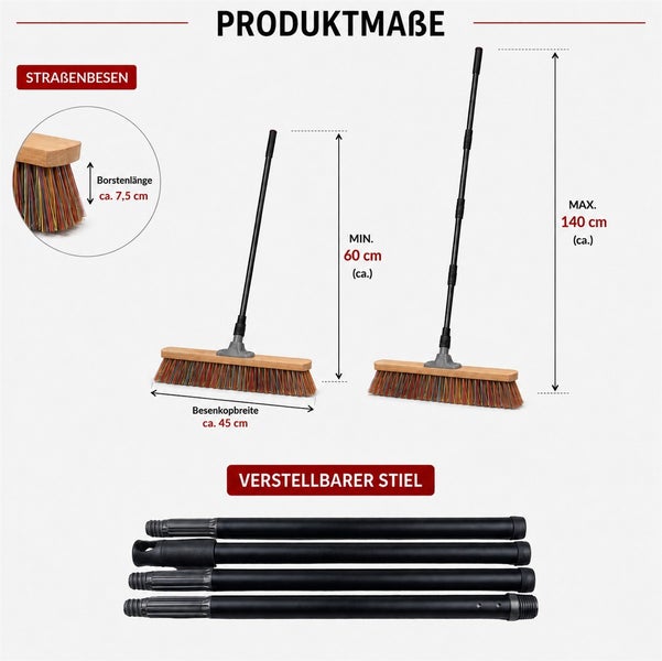 Produktmaße eines Straßenbesens mit verstellbarem Stiel und Details zu Borstenlänge und Besenkopfbreite.