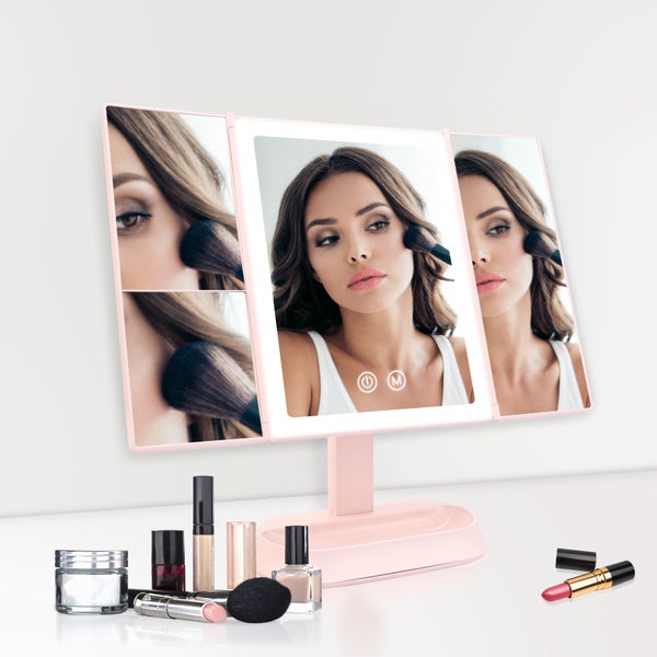 EMKE Kosmetikspiegel mit LED Beleuchtung 315 x 180 x 233 mm, Dimmbar, Touch-Schalter, 5x/7x Vergrößerung, Dreifach Faltbar & Drehbar, Tragbarer, USB/Batterie, Rosa