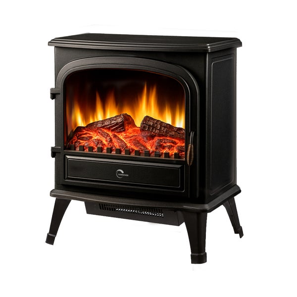 Freistehender elektrischer Kaminofen Sannover in Schwarz mit Flammeneffekt und Holzimitat.