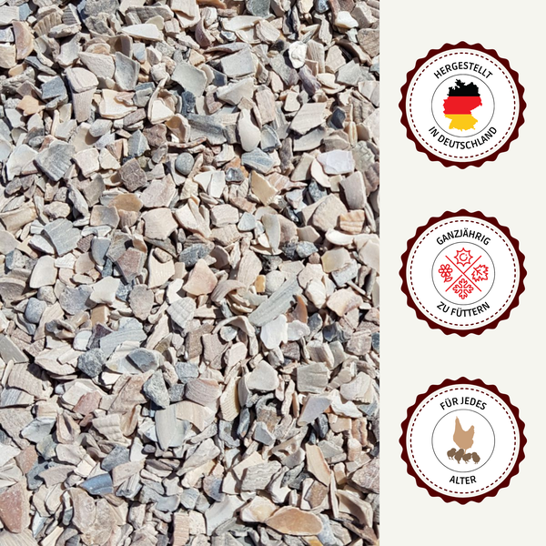 Hühnerfutter Muschelgrit mit den Siegeln Hergestellt in Deutschland, ganzjährig zu füttern und für jedes Alter