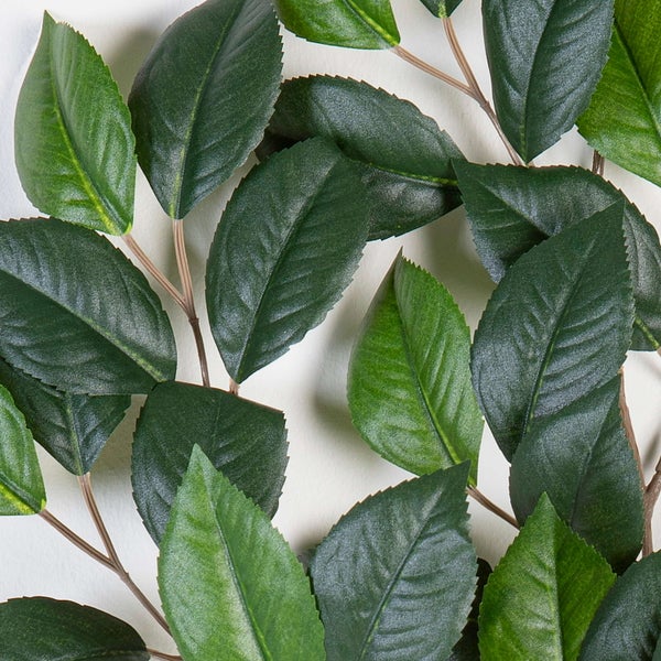 Nahaufnahme von grünen Kunstblättern mit sichtbaren Blattadern und gezackten Rändern an braunen Stielen.