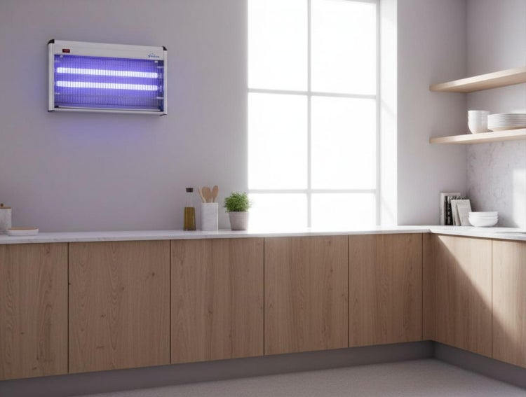 Elektrischer Insektenvernichter mit ultraviolettem Licht in einer hellen, modernen Küche mit Holzschränken und weißer Arbeitsplatte.