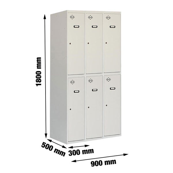 PROREGAL Spind Amego 6 Abteile HxBxT 180 x 90 x 50 cm Abteilbreite 30 cm Unterteilt Feuerfeste Beschichtung Lichtgrau Metallspind Kleiderspind