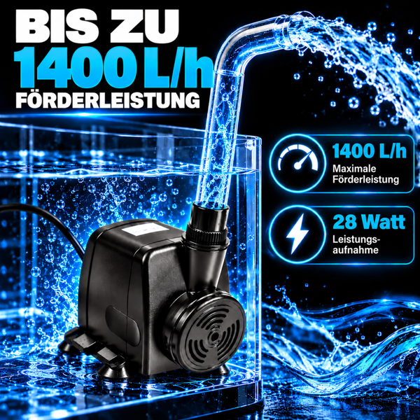 Aquariumpumpe mit 1400 Liter pro Stunde Förderleistung und 28 Watt Leistungsaufnahme in einem Wasserbecken.