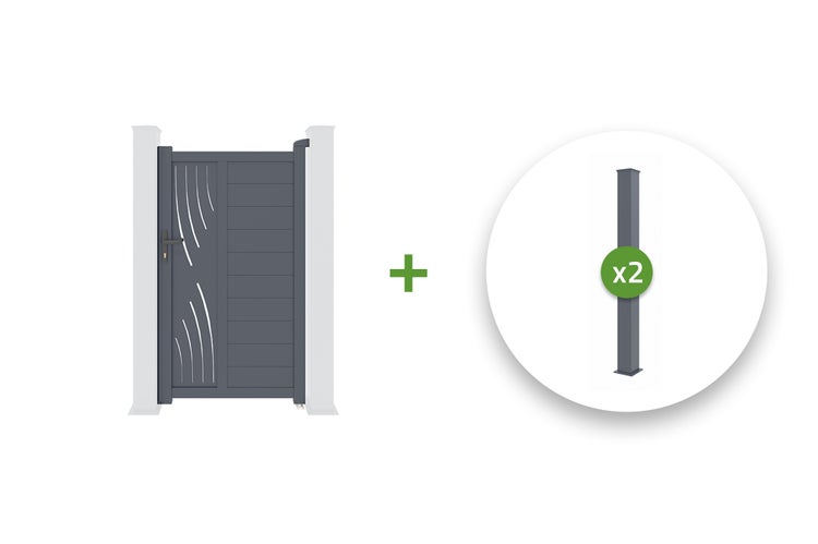 Aluminium-Gartentor-Set in Anthrazit mit Ziermuster, inklusive zwei Pfosten.