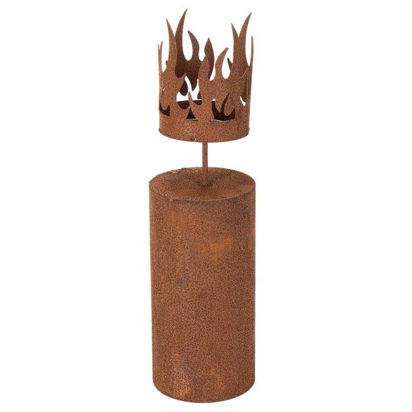 Garten-Dekosäule aus Metall mit Rost-Patina, Zylindersockel und Flammenkrone.