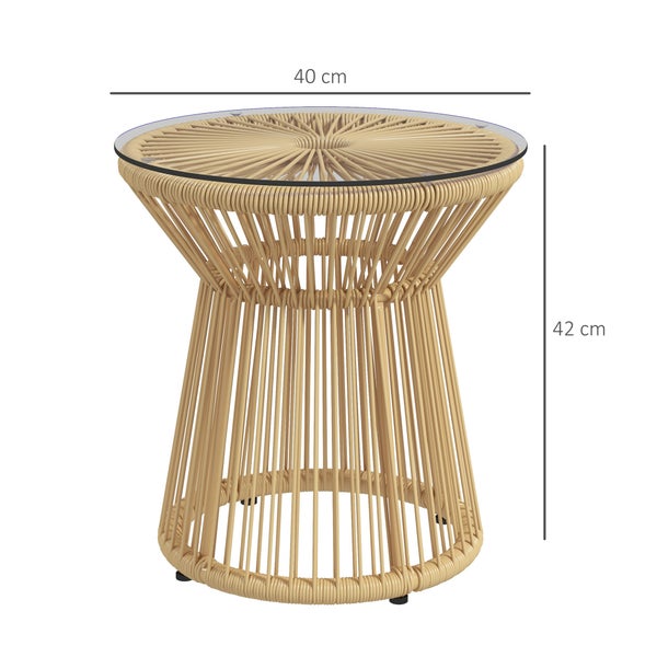 Nahaufnahme eines Beistelltisches im Boho-Design aus handgeflochtenem Rattan mit Glasplatte, keine Montage erforderlich