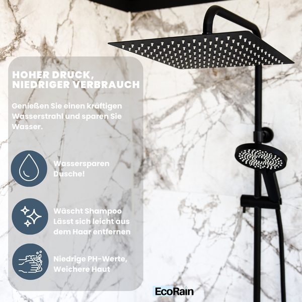 EcoRain 30% Wassersparender Regendusch-Duschset Tyler 30 CM Quadrat - Handbrause 12 CM - Hoher Druck - Universell - Anti-Kalk Duschkopf - Schwarz