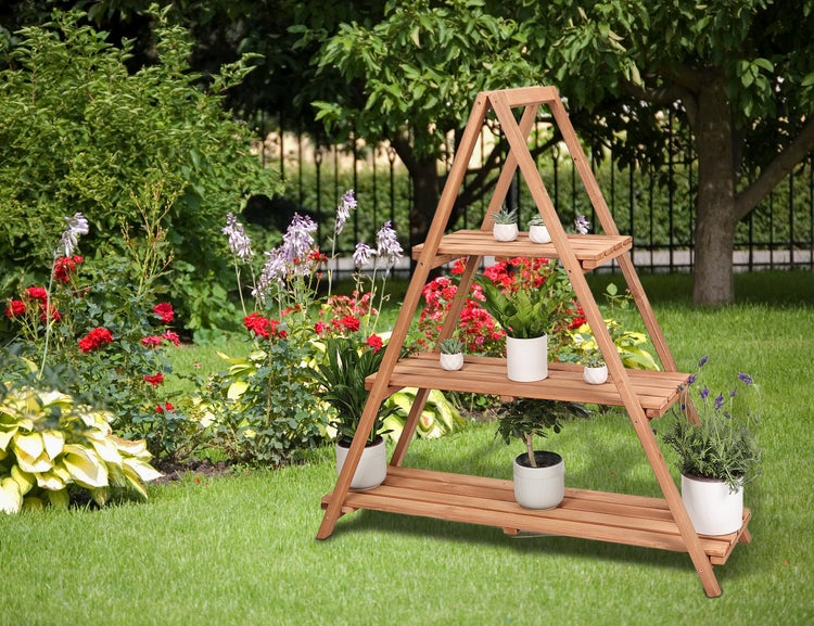 needs&wants® Großer Pflanzenständer Blumenständer Pflanzenregal Blumentreppe Blumenregal XL aus Holz wetterfest für Outdoor Indoor Balkon Garten draußen innen Wand, 115 x 37 x 123 cm hoch, braun