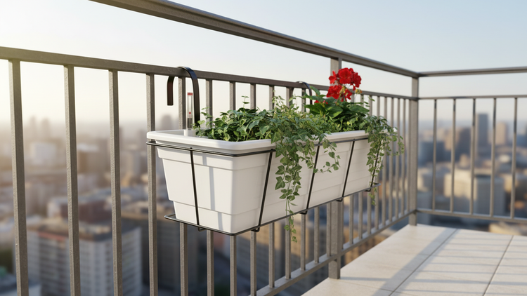 Balkonkasten aus Kunststoff mit Wasserstandsanzeiger und Halterung am Geländer, bepflanzt mit Blumen und Grünpflanzen.