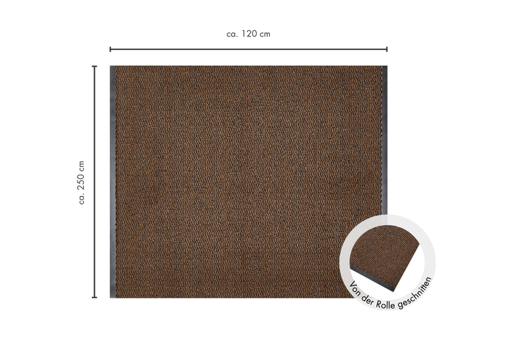 Braune Fußmatte vom Zuschnitt mit den Maßen circa 120 mal 250 Zentimeter
