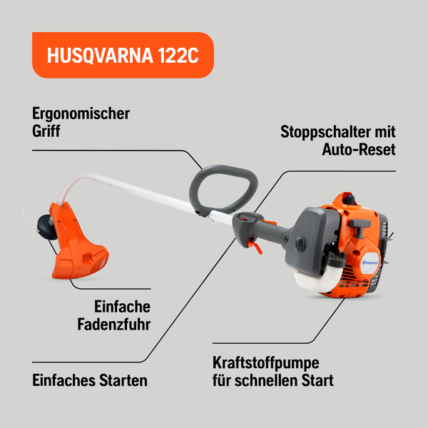 Husqvarna 122C Rasentrimmer mit ergonomischem Griff, Stoppschalter mit Auto-Reset, einfacher Fadenzufuhr, Kraftstoffpumpe für schnellen Start und Husqvarna Logo.