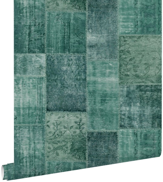 ESTAhome Tapete orientalisches-Marrakech Kelim-Patchwork Smaragdgrün - 53 cm x 10,05 m - 148652