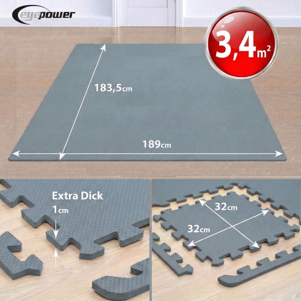 Eyepower Logo. Graue Puzzlematte aus Schaumstoff. Fläche 3,4 Quadratmeter, 189 mal 183,5 Zentimeter. Teile 32 mal 32 Zentimeter, Dicke 1 Zentimeter.