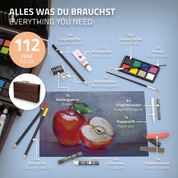 ECD Germany Zeichenset Malset 112 teilig, zum Zeichnen und Malen, Malkoffer aus Holz, für Kinder/Erwachsene, Buntstifte, Öl- und Acrylfarben, Malkreiden, Wasserfarben, Künstlerset Künstler Zubehör Set