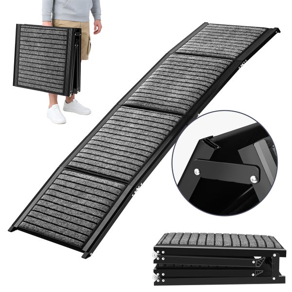 Faltbare Hunderampe aus schwarzem Aluminium mit grauer, rutschfester Teppichoberfläche, zusammenklappbar in vier Teile für den einfachen Transport.