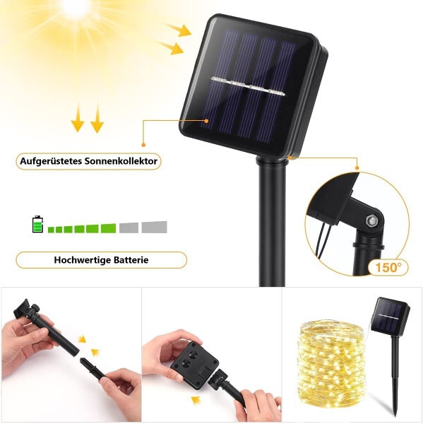 Grundig Solar Lichterkette Outdoor 10m, Solarleuchte, LED Lichter Kette Leuchte