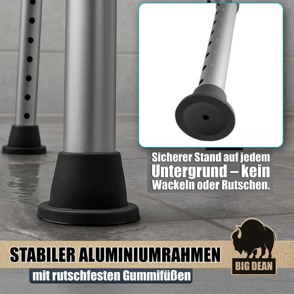 Detailaufnahme eines Duschstuhls mit rutschfesten Gummifüßen und stabilem Aluminiumrahmen