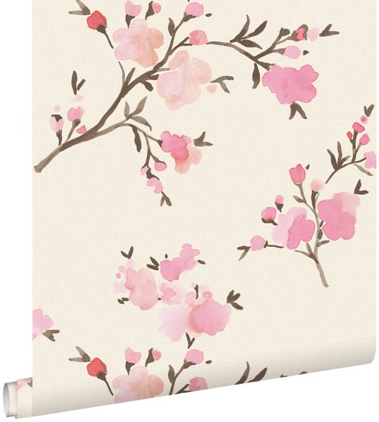 ESTAhome Öko-Strukturtapete Kirschblüten Beige und Rosa - 0,53 x 10,05 m - 148716
